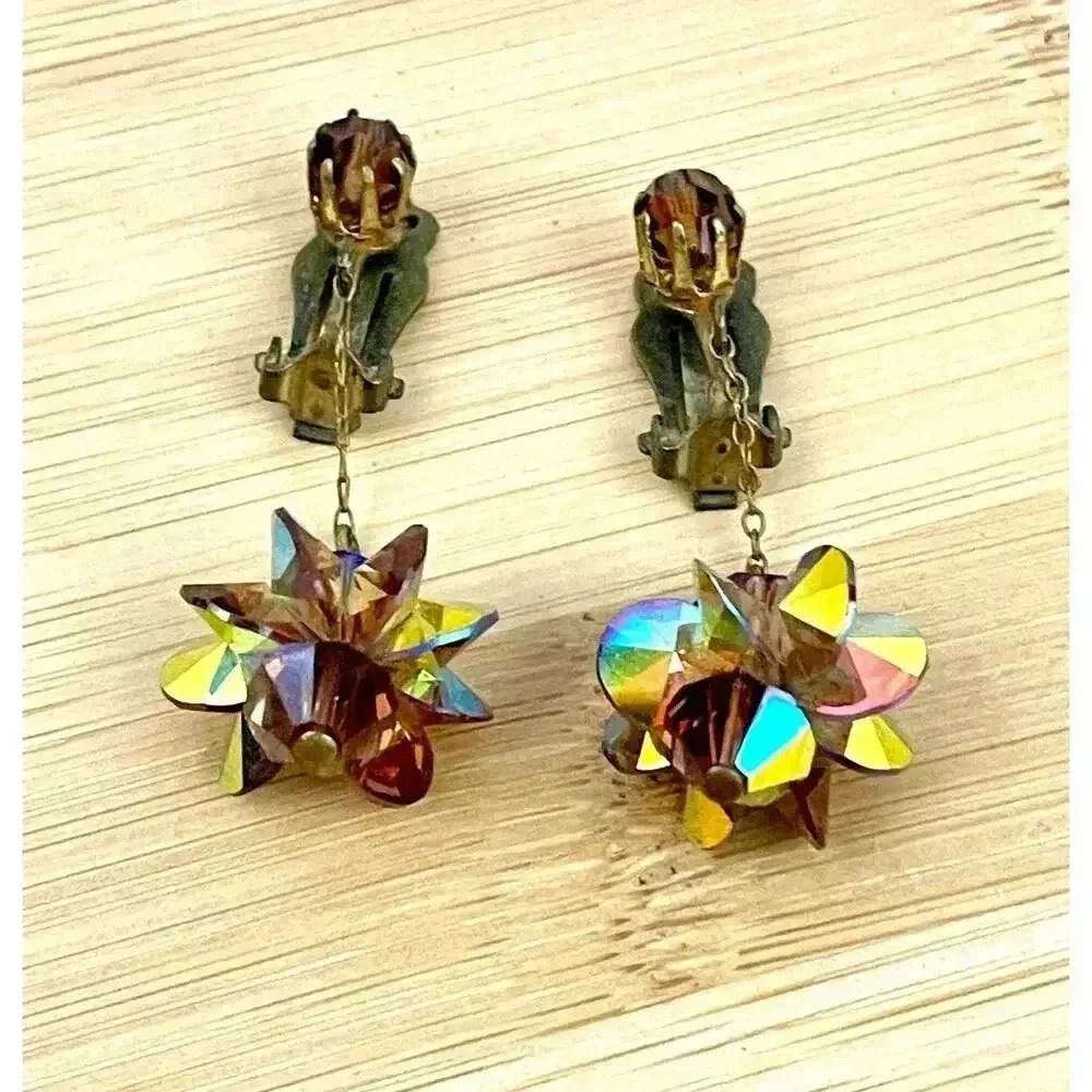 VTG‎ Crystal Dangle Iridescent Clip on Earrings Bronze
